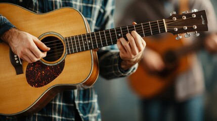 Fototapeta premium A close-up of a person playing an acoustic guitar, showcasing their hands and the instrument with a blurred background of another guitarist.