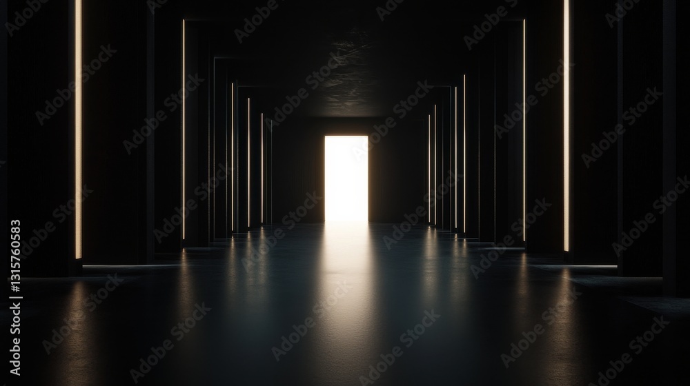 Poster a long hallway with a large open door in the middle