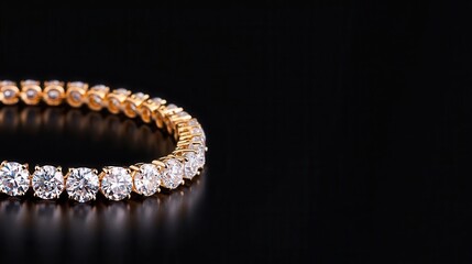 Closeup view of diamond tennis necklace reflecting light, isolated on a reflective black surface