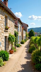 Fototapeta premium Row of old stone houses with terracotta roofs and vineyards in Saint-Lô, France, vineyards, Saint Lô