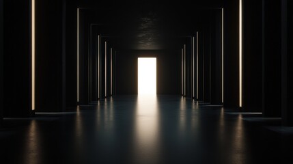 A long hallway with a large open door in the middle