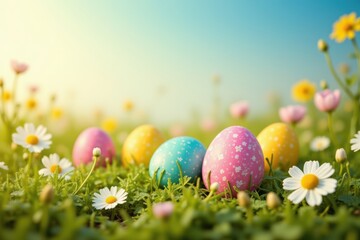 Colorful Easter Eggs Resting on Bright Green Grass Surrounded by White Daisies Under a Vibrant Spring Sky with Soft Sunlight