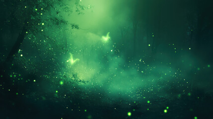 A mysterious ethereal scene, luminous green fog interwoven with glowing specks of dust, soft yet radiant