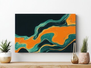 Abstract marble painting with orange, green, and dark blue colors
