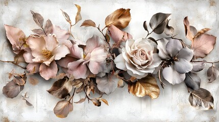 Elegant arrangement of pastel flowers and leaves with delicate textures and soft colors