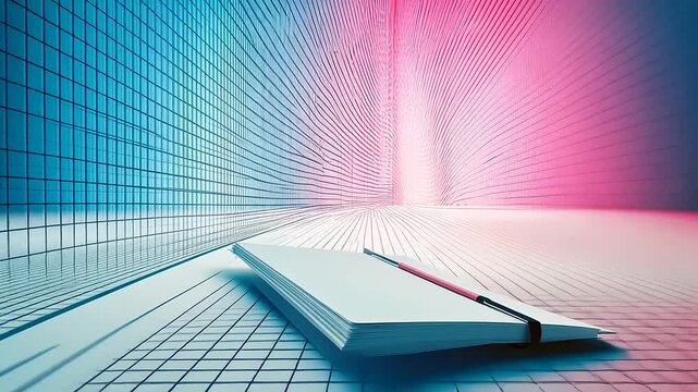 A minimalist scene featuring a notebook and pen on a grid-patterned surface with vibrant lighting