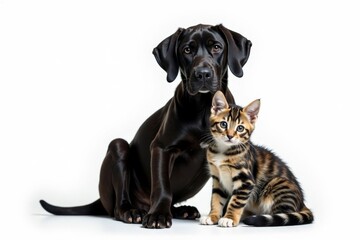 Obraz premium Great Dane sits next to kitten on white background with fur textures, furry friends, great dane
