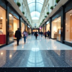 Blurred shopping plaza background with a sleek stone table top, shopping center, seamless