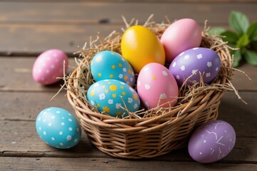 A Colorful Collection of Hand-Painted Easter Eggs Nestled in a Natural Wicker Basket Surrounded by Wooden Table Elements