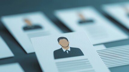 A collection of resumes laid out on a surface, focusing on professional profiles featuring illustrations of individuals in business attire.