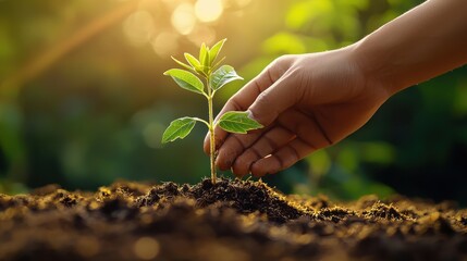 Fototapeta premium A hand is planting a small green plant in the dirt
