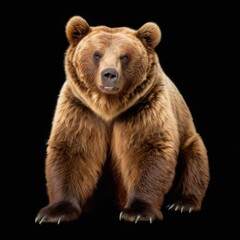 Brown bear portrait on black background with serious expression, direct eye contact, and alert ears. Focused and dramatic.