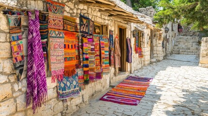 Fototapeta premium Vibrant Textiles Adorn Stone Street in a Charming Village