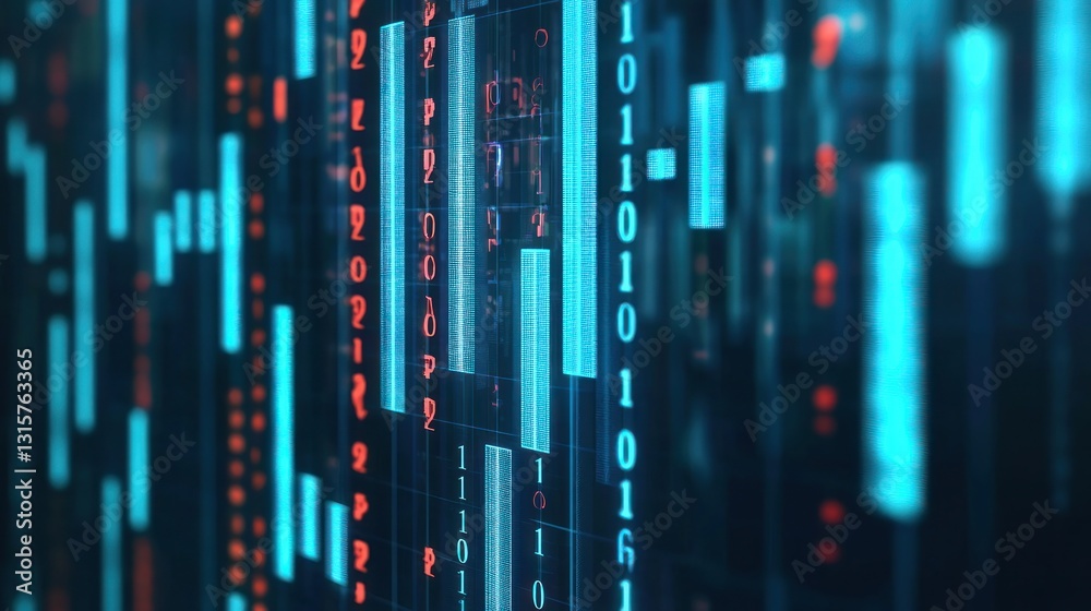 Poster abstract digital data stream: binary code and neon bars visualization