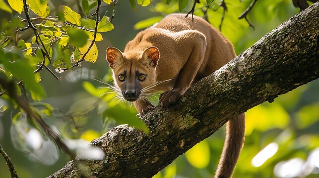 Fossa fossa prowling along a thick tree limb in the Madagascan jungle its golden brown fur dappled with light