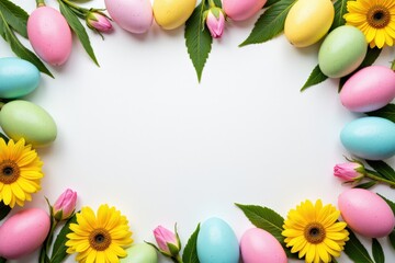 Colorful Easter Egg Arrangement Surrounded by Fresh Flowers and Green Leaves for a Festive Spring Celebration