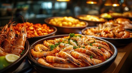 Obraz premium elegant seafood display with assorted shrimp dishes prepared beautifully in rustic bowls at a premium dining establishment