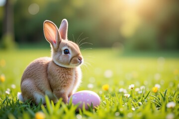A Cute Brown Bunny Sitting Gracefully on Green Grass Next to a Pink Easter Egg in a Meadow Under a Soft Sunlight, Capturing a Serene Spring Atmosphere