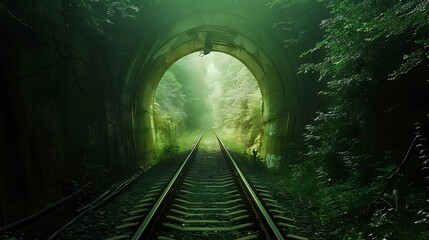 Enchanted Tunnel Surrounded by Lush Green Forest and Train Tracks in Misty Background
