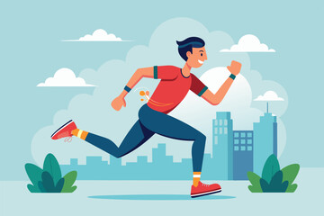 Fototapeta premium A runner accelerates in an urban setting, surrounded by greenery and modern architecture, Running Customizable Flat Illustration