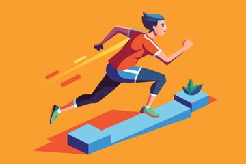 Fototapeta premium A dynamic illustration of a runner sprinting energetically against an orange background, showcasing motion, Running Customizable Isometric Illustration