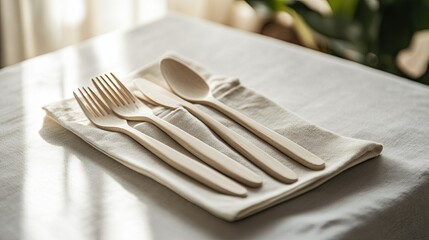 A clean shot of reusable cutlery styled in a simple fabric pouch on a light table. pic