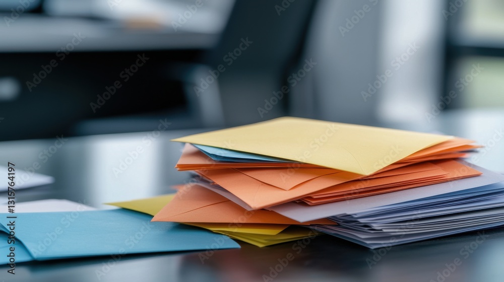 Aufkleber A stack of colorful envelopes on a table