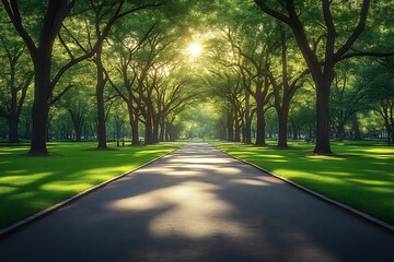 Obraz premium A sunlit pathway through a beautiful green park with trees