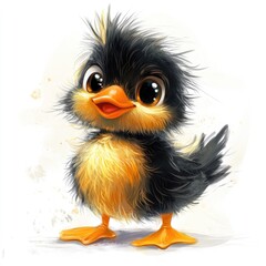Adorable fluffy yellow and black bird with big expressive eyes