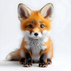 Obraz premium A close-up portrait of an adorable fox cub with big brown eyes, capturing its innocent and curious expression against a light background