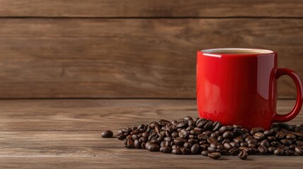 A red coffee mug sits on a wooden table with a pile of coffee beans