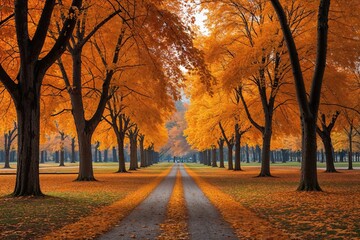 Fototapeta premium Serene Autumn Park View with Golden Trees and Picturesque Pathway