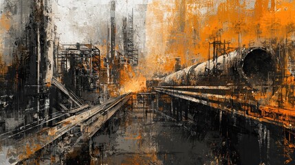 Naklejka premium Industrial Abstract: A fiery orange and dark grey depiction of an industrial complex, showcasing intricate machinery and pipelines in a grunge style.