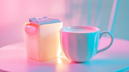 A glowing carton of dairy-free creamer styled with a pastel ceramic cup. pic
