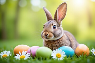 A Cute Young Brown Bunny Surrounded by Colorful Easter Eggs and Daisies on a Fresh Green Lawn in a Beautiful Spring Setting