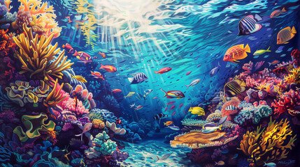 Naklejka premium underwater scene, featuring a school of fish swimming through a coral reef