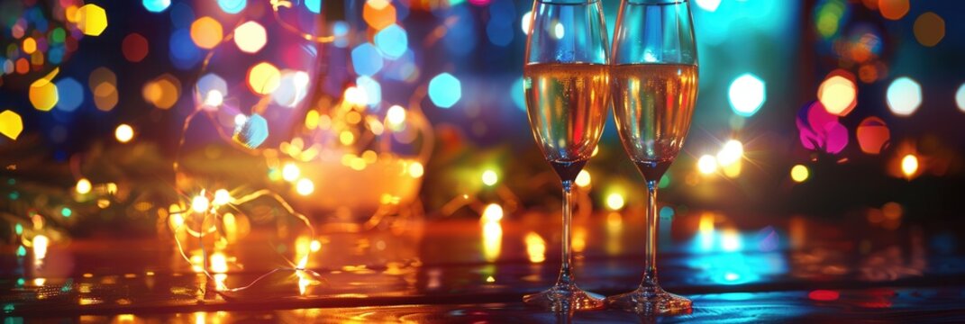 Celebrate with sparkling champagne glasses at a lively party featuring bright lights and festive decorations for joyous gatherings