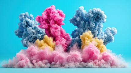 Fototapeta premium Abstract Colorful Ink Explosions: A vibrant and surreal display of pink, blue, and yellow ink clouds against a bright blue background.