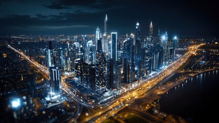 Obraz premium A city at night with a bridge in the background