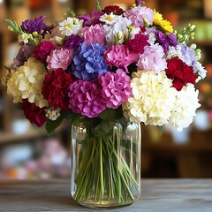 A colorful floral bouquet featuring diverse blooms in a glass vase