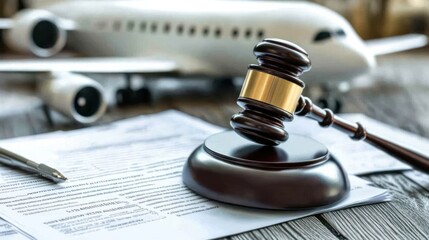 aviation law and regulations conceptual image depicting legal proceedings with a gavel and an aircraft model symbolizing airline accountability