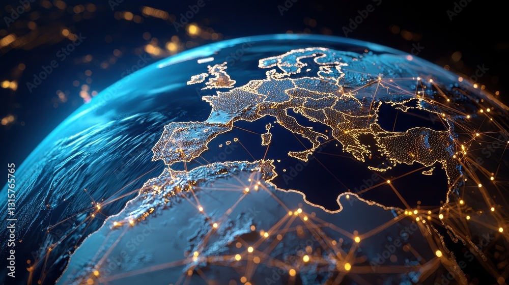 Poster a globe with a network of lines connecting the continents of europe and asia