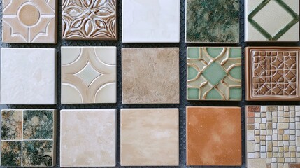 Assortment of Decorative Ceramic Tiles Displayed in a Geometric Pattern Showcasing Various Earthy Colors and Textures for Interior Design Inspiration