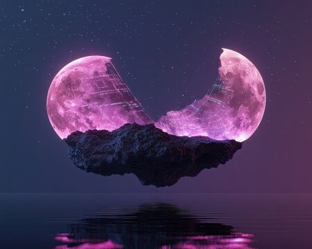 A surreal floating island between two celestial bodies, full moon radiating data streams, crescent moon emitting vibrant pink light, constellations forming AI-runed scripts