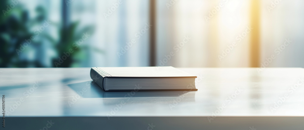 Poster modern minimalist office with single book on sleek desk, bathed in warm sunlight. serene atmosphere 