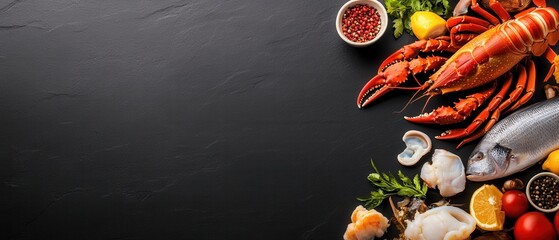 A black background with a variety of seafood and vegetables