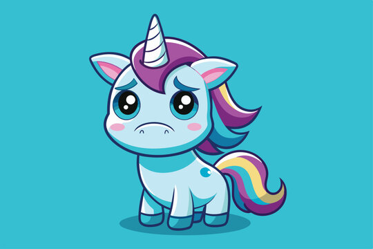 A cute cartoon unicorn appears sad with big expressive eyes and a colorful mane on a bright blue backdrop, Sad unicorn Customizable Cartoon Illustration