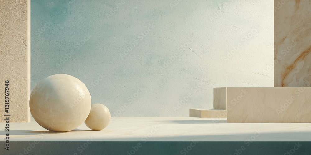 Poster Minimalist abstract scene with floating spheres and subtle textures, featuring soft lighting and neutral tones. composition highlights geometric shapes and serene atmosphere