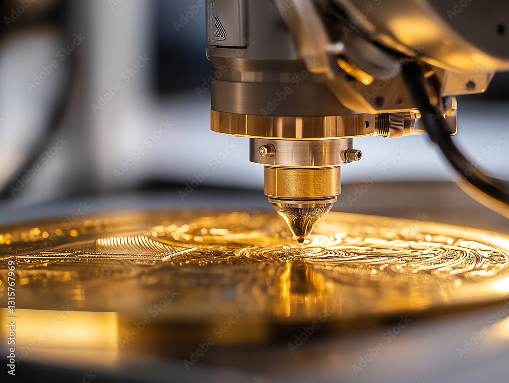 Aufkleber robotic arm precisely engraves intricate designs on golden plate, showcasing advanced technology and craftsmanship. detailed patterns reflect precision and innovation of modern engineering