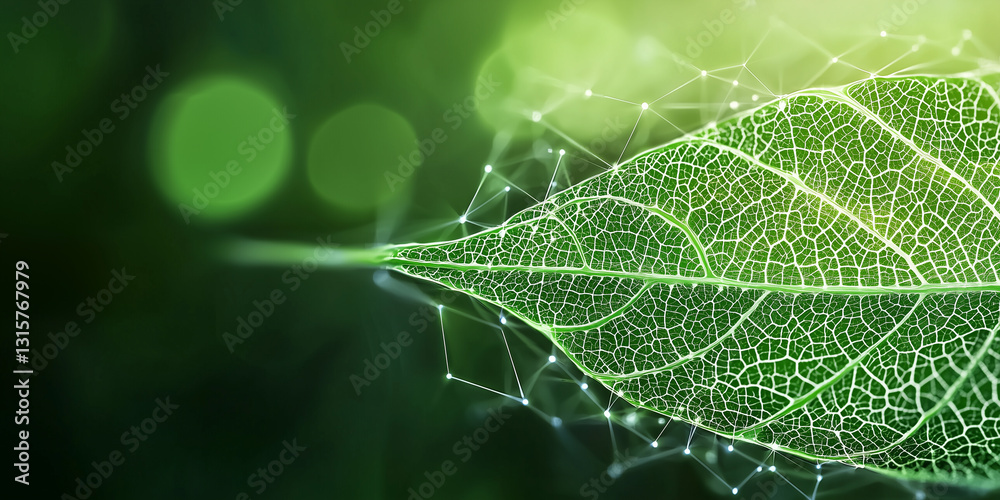Aufkleber close up of vibrant green leaf with visible veins and digital network overlay, symbolizing connection between nature and technology. background is soft green bokeh